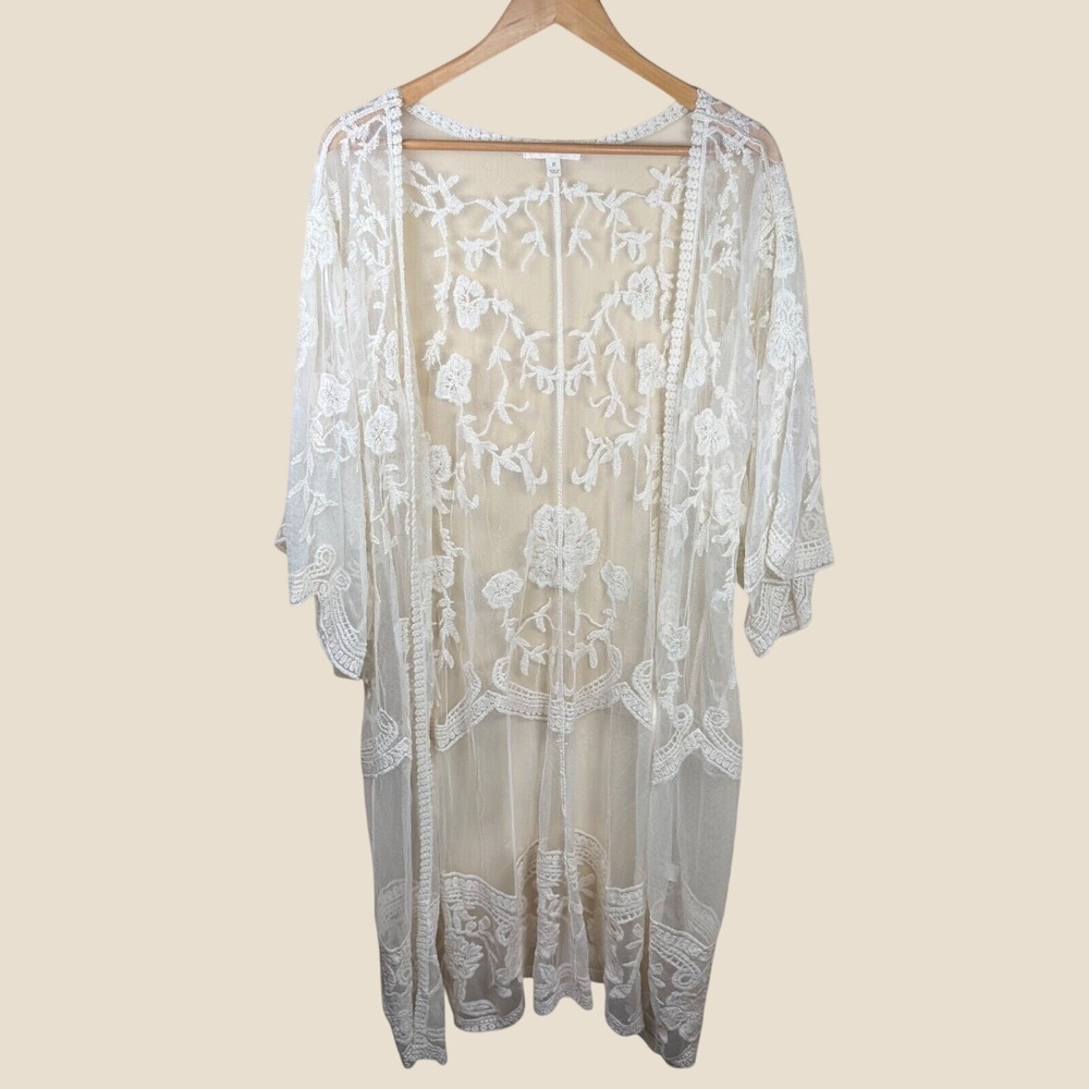 Adiva Swim Coverup Women M Cream Lace Floral Embroidered Sheer Resortwear Travel